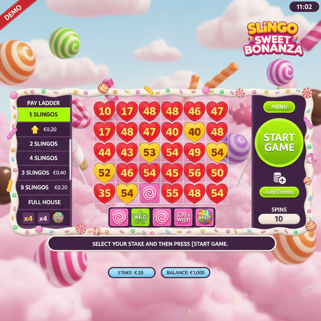 Slingo Sweet Bonanza juego híbrido con cuadrícula de bingo 5x5, caramelos de colores, nubes de algodón de azúcar rosa y símbolos de piruletas en un mundo de fantasía dulce