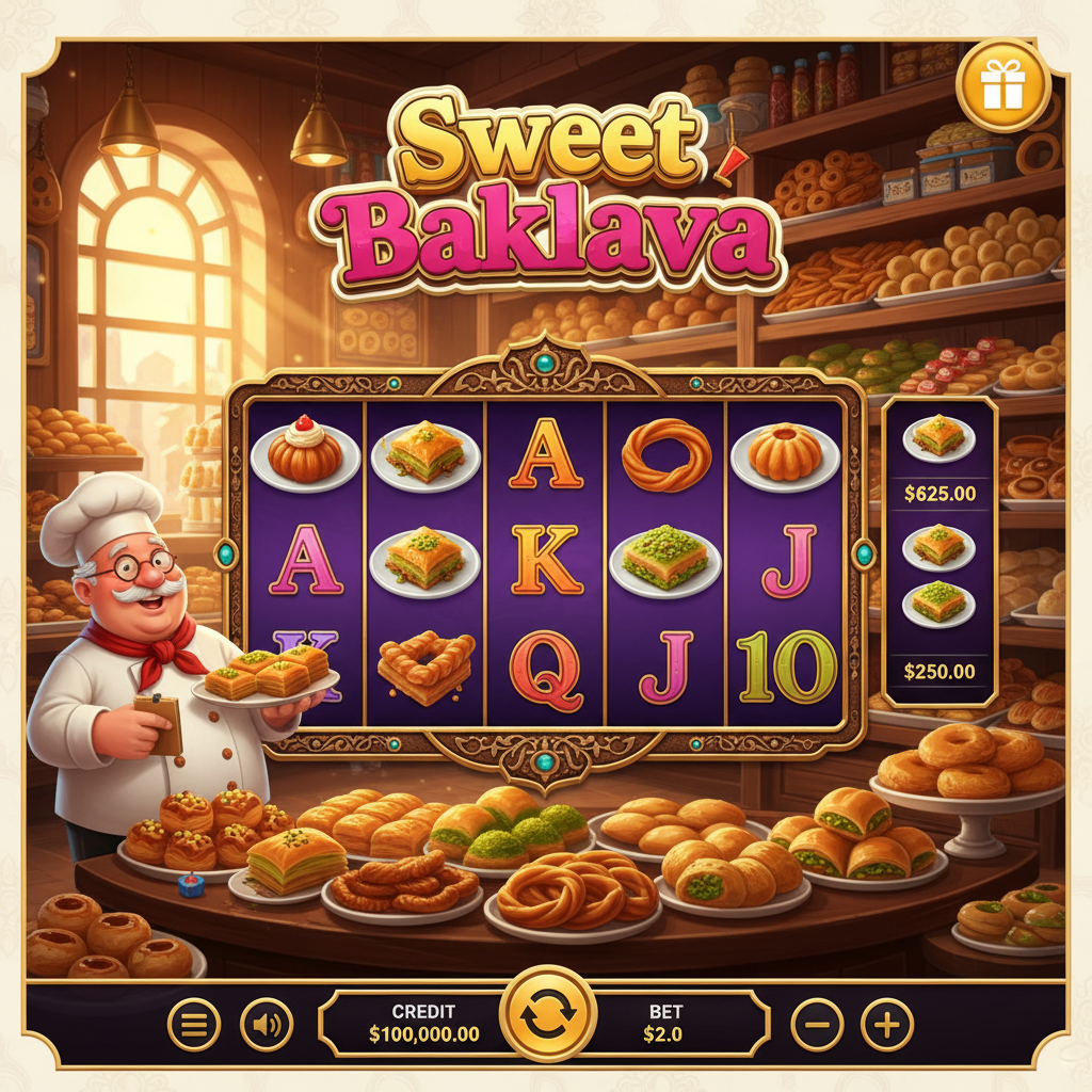 Sweet Baklava slot de Pragmatic Play con símbolos de pastelería turca, baklava dorado y chef amistoso en panadería de medio oriente