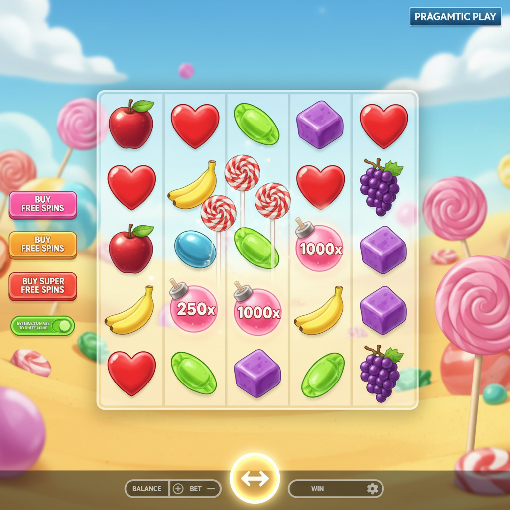 Sweet Bonanza 1000 slot de Pragmatic Play con caramelos, piruletas de colores, frutas y bombas multiplicadoras en grid 6x5