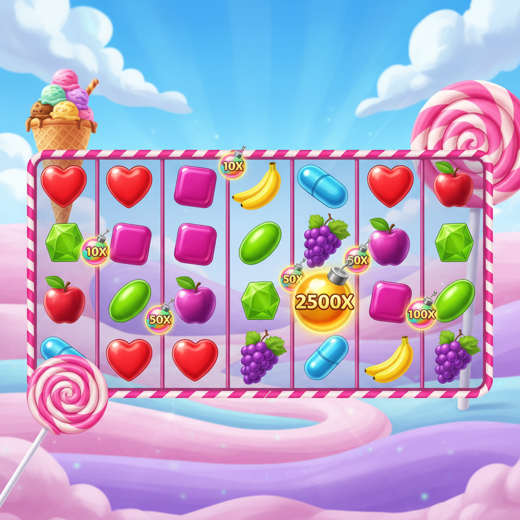 Sweet Bonanza 2500 mundo de dulces con símbolos multiplicadores de caramelo, lollipops, frutas y bombas de multiplicador hasta 2500x en cuadrícula 6x5
