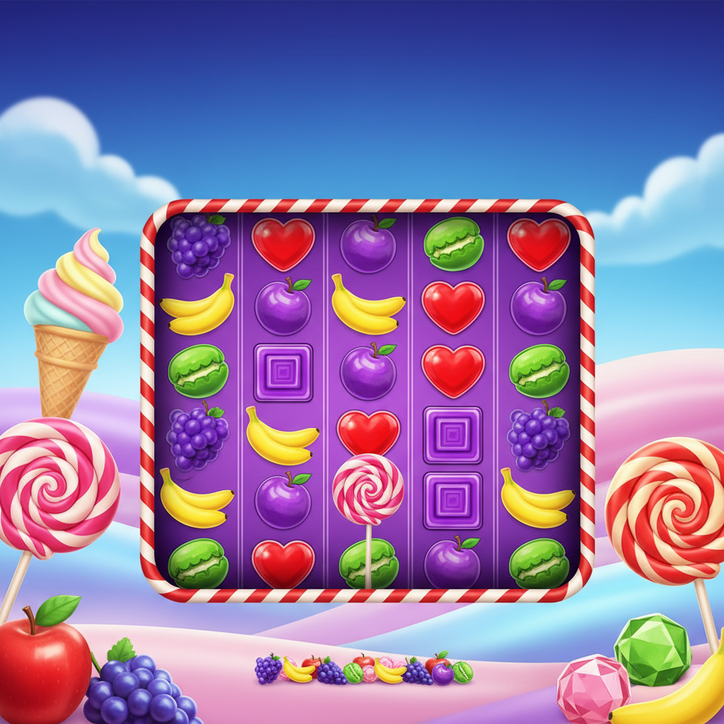 Sweet Bonanza slot con paisaje de caramelos, piruletas espirales, frutas y fondo de colinas de dulces con cielo azul degradado