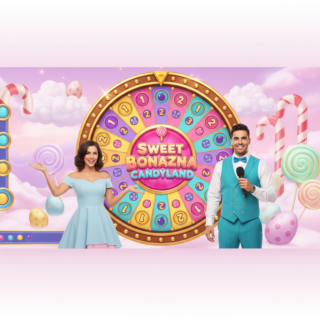 Sweet Bonanza CandyLand rueda de juego con presentadores en estudio de caramelos, segmentos de números 1 2 5 y bonos Sweet Spins Candy Drop Bubble Surprise sobre fondo de algodón de azúcar y piruletas gigantes