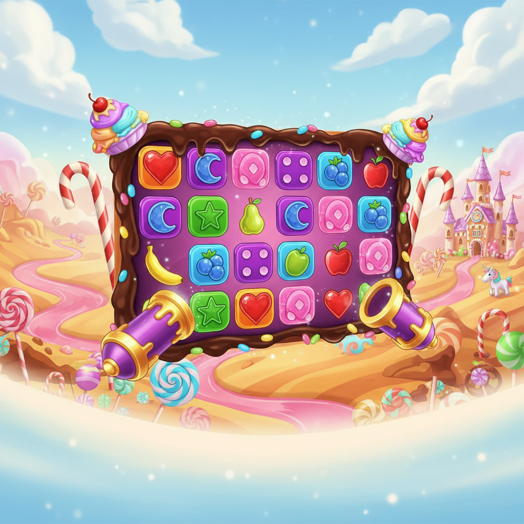 Sweet Bonanza Dice slot con dados de caramelo, símbolos de frutas y corazones en un mundo de dulces con castillo de jengibre