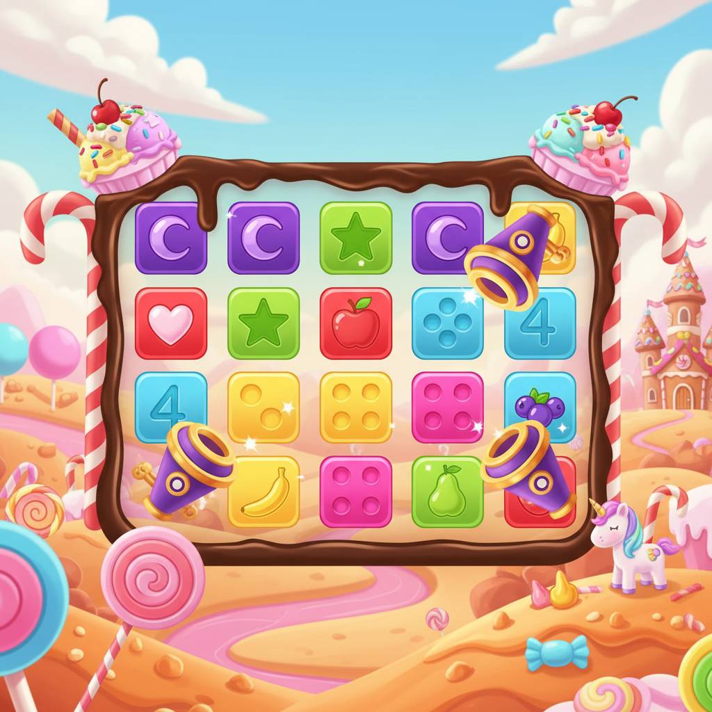 Sweet Bonanza Dice slot de Pragmatic Play con dados de caramelos coloridos, corazones rojos, lunas moradas, estrellas verdes sobre paisaje de dulces con castillo de jengibre y bastones de caramelo