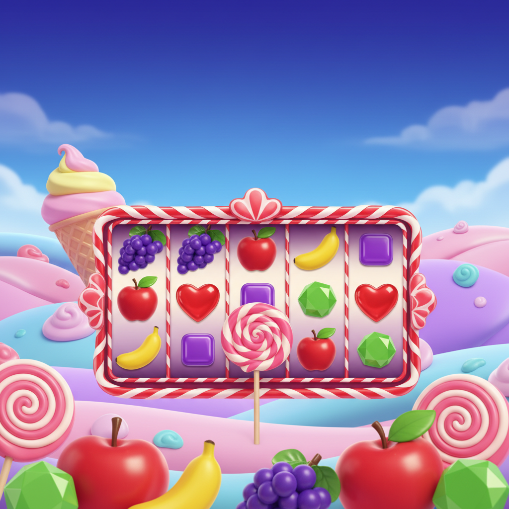 Sweet Bonanza slot machine mostrando mundo de dulces con colinas de caramelo, símbolos de frutas, corazones de caramelo, uvas, plátanos, manzanas y lollipop scatter en un cielo azul degradado
