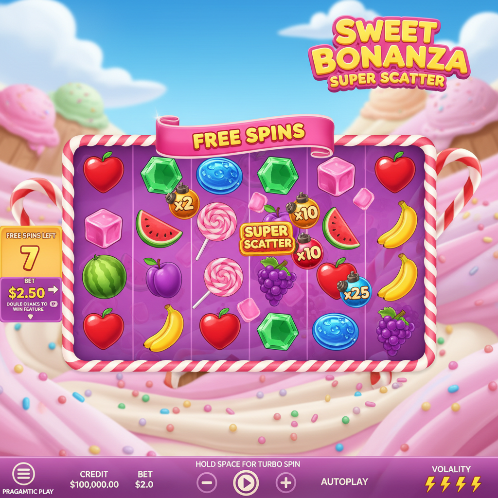 Sweet Bonanza Super Scatter tragaperras con símbolos de caramelos, frutas, piruletas y gemas sobre fondo rosa pastel con paisaje dulce