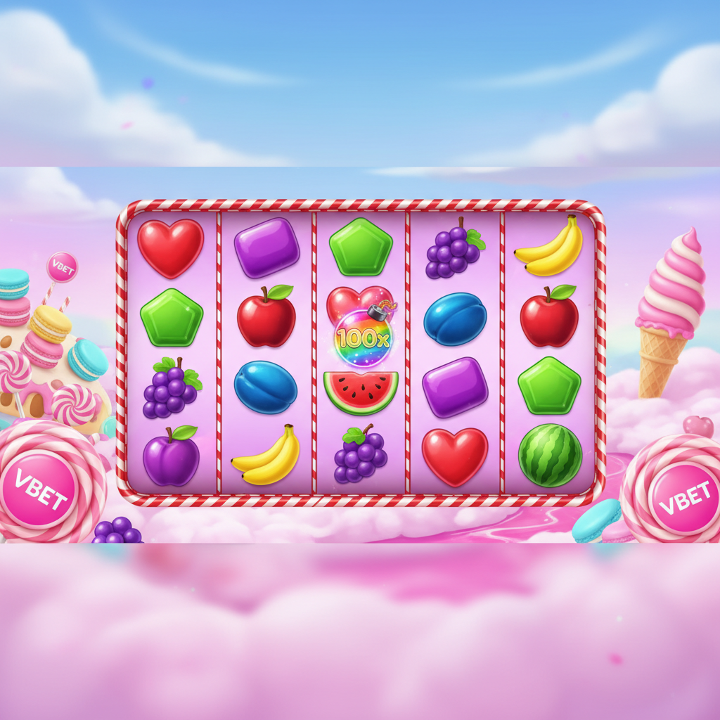 Sweet Bonanza Vbet slot tragamonedas con dulces corazón rojo, caramelos morados, frutas y piruleta scatter en mundo de fantasía pastel con nubes de algodón de azúcar rosa