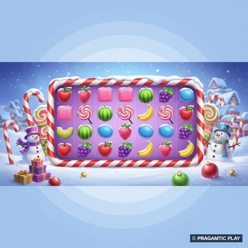 Sweet Bonanza Xmas slot navideño con dulces de caramelo nevados, corazones rojos, fresas rosadas, uvas moradas, piruleta scatter y paisaje invernal con muñecos de nieve