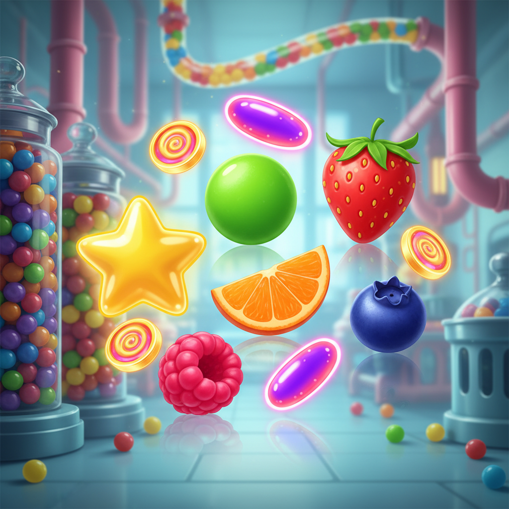 Sweet Burst slot de Pragmatic Play con símbolos de caramelos: estrella dorada, lima verde, fresa roja, naranja, frambuesa rosa, arándano azul y símbolo scatter morado en laboratorio de dulces