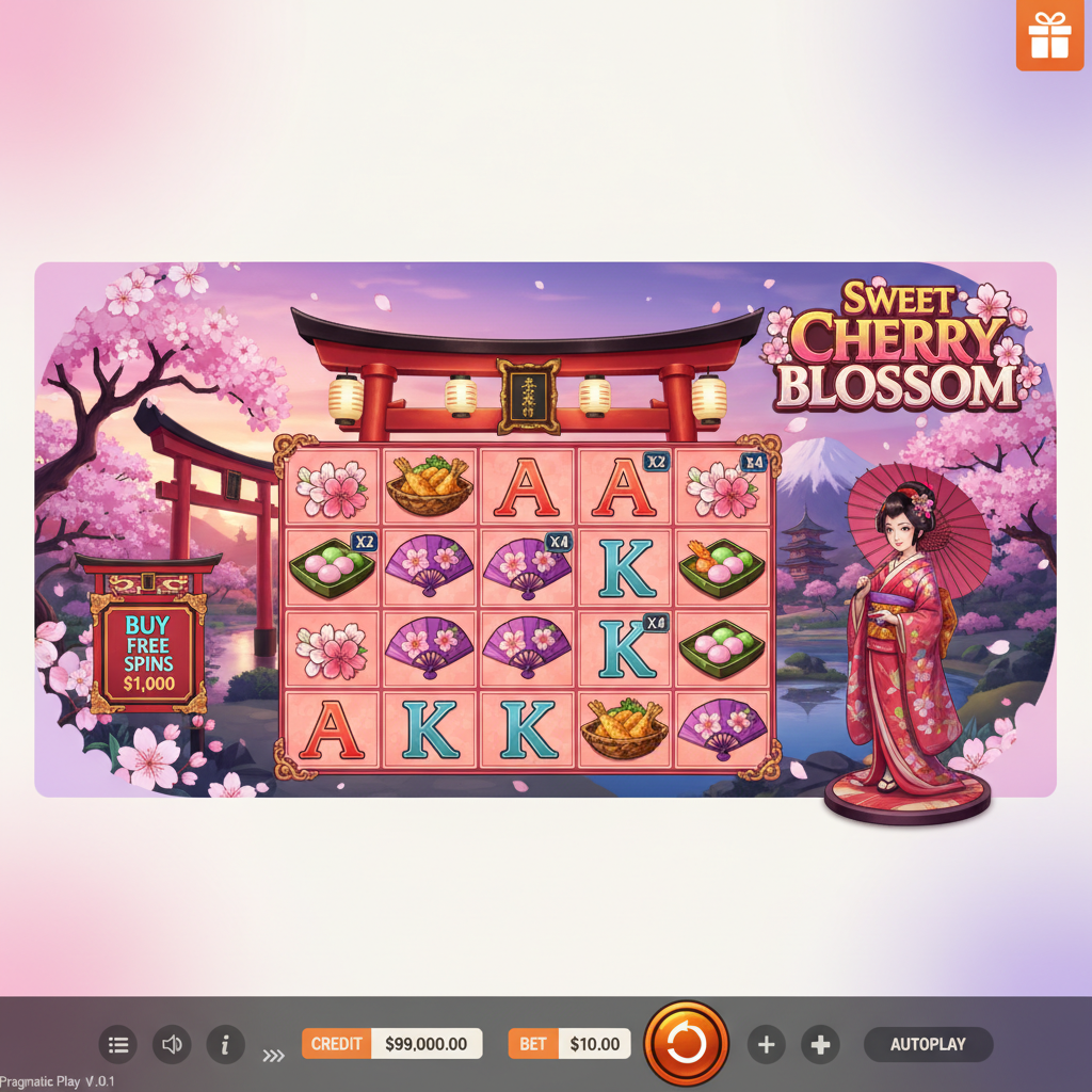 Sweet Cherry Blossom tragamonedas con jardín japonés, flores de cerezo, torii rojo y geisha en kimono rosa con sombrilla