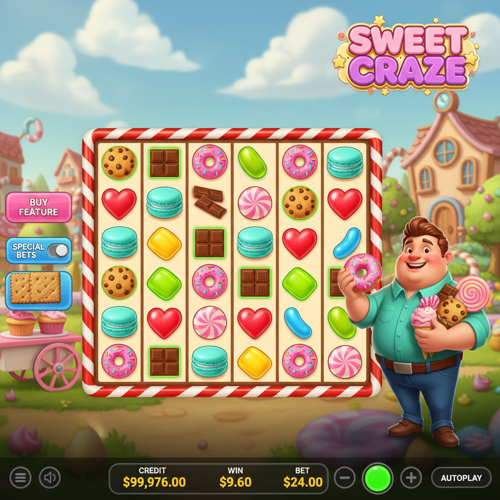 Sweet Craze slot de Pragmatic Play con cuadrícula 7x7, símbolos de dulces coloridos, galletas, donuts, chocolates y caramelos en mundo fantástico de golosinas