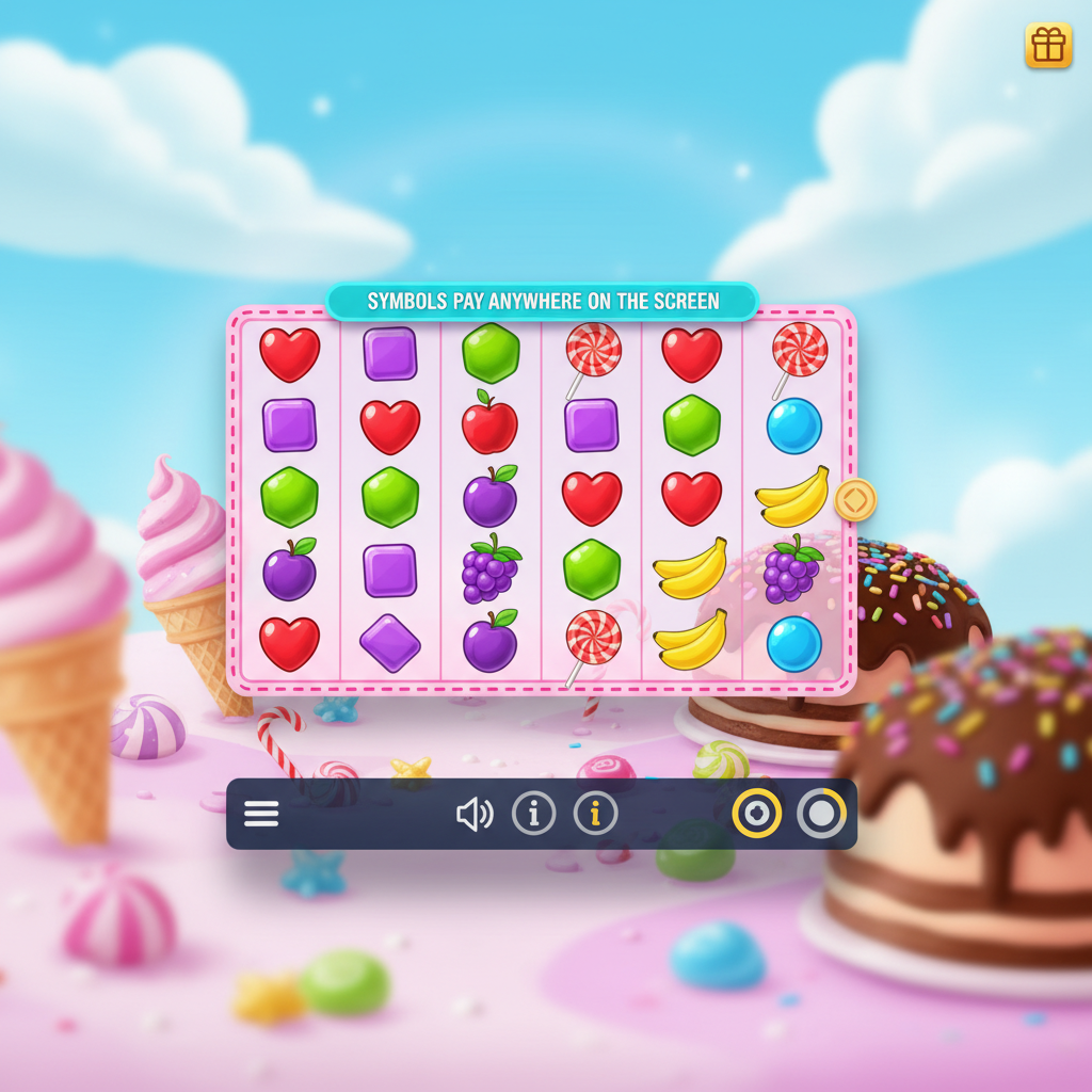 Sweet Fiesta slot con caramelos en forma de corazón, pentágonos verdes, cuadrados morados, frutas y multiplicadores piñata coloridos en un paisaje de dulces