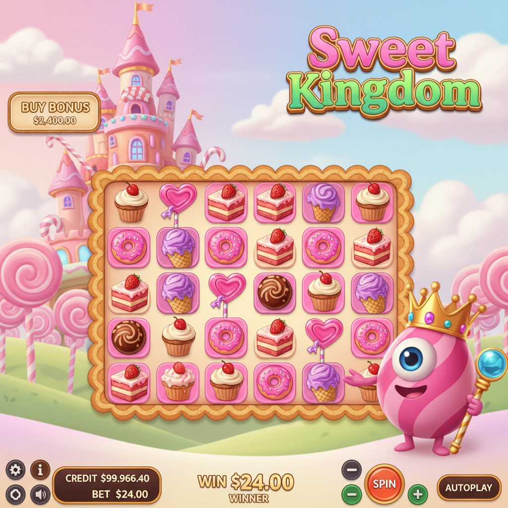 Sweet Kingdom slot de Pragmatic Play con cuadrícula 7x7, símbolos de dulces incluyendo cupcakes, donas rosas, helados morados y castillo de caramelo en el fondo