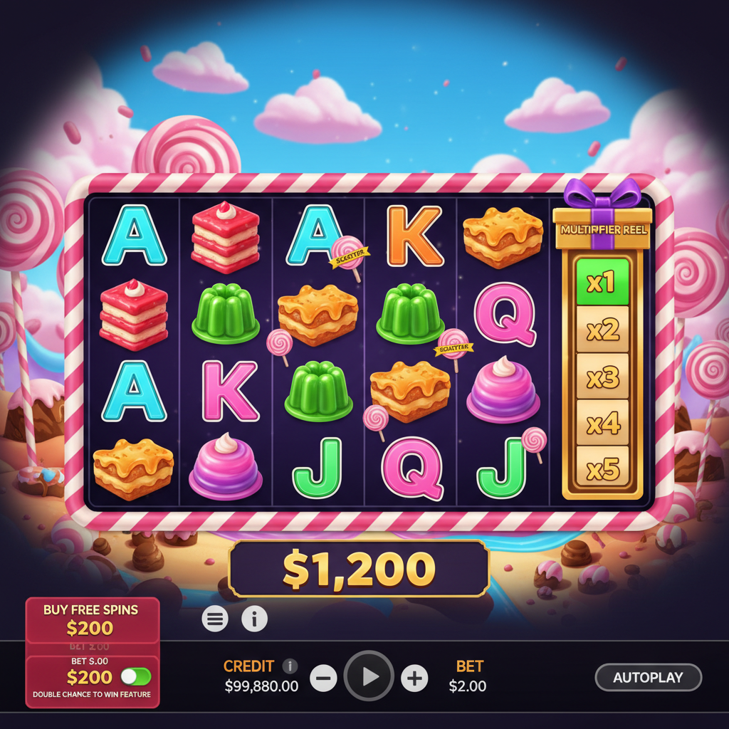 Sweet PowerNudge slot de Pragmatic Play con temática de dulces, rodillos 6x5 cluster pays, carrete multiplicador dorado con valores hasta x10, símbolos de pasteles rojos, gelatinas verdes y letras de caramelo